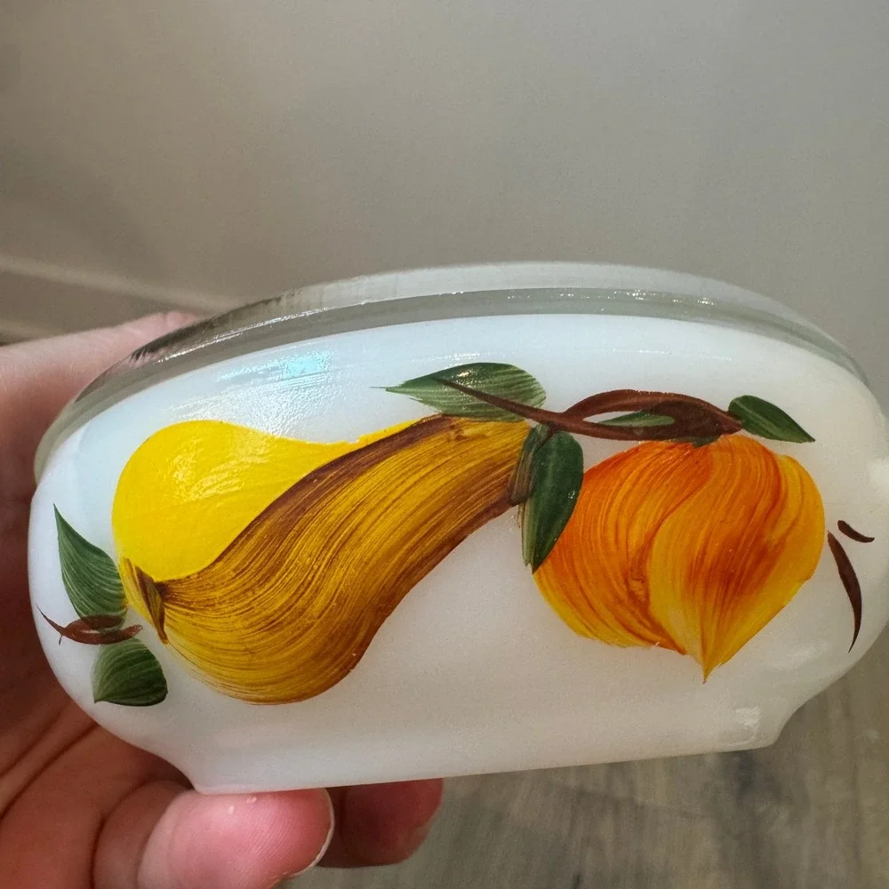 Vintage Glasbake Harvest Pear Milk Glass Soup Bowls with Fin Lids Set of 3 Small